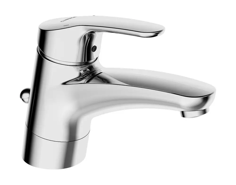 Einhebelmischer mit verchromter Oberfläche und ergonomischem Hebel von HANSA. Für Waschtische geeignet, mit Zugstangenablaufgarnitur. Ausladung erkennbar.